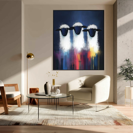 Abstract sheep art with a deep blue background hung in a minimalist sitting area with a cream armchair and modern gold floor lamp.