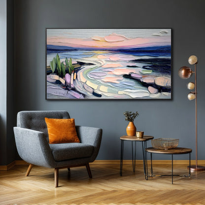 Original textured abstract art provides a burst of color against the dark gray wall; it complements the orange pillow and mid-century modern accent chair.