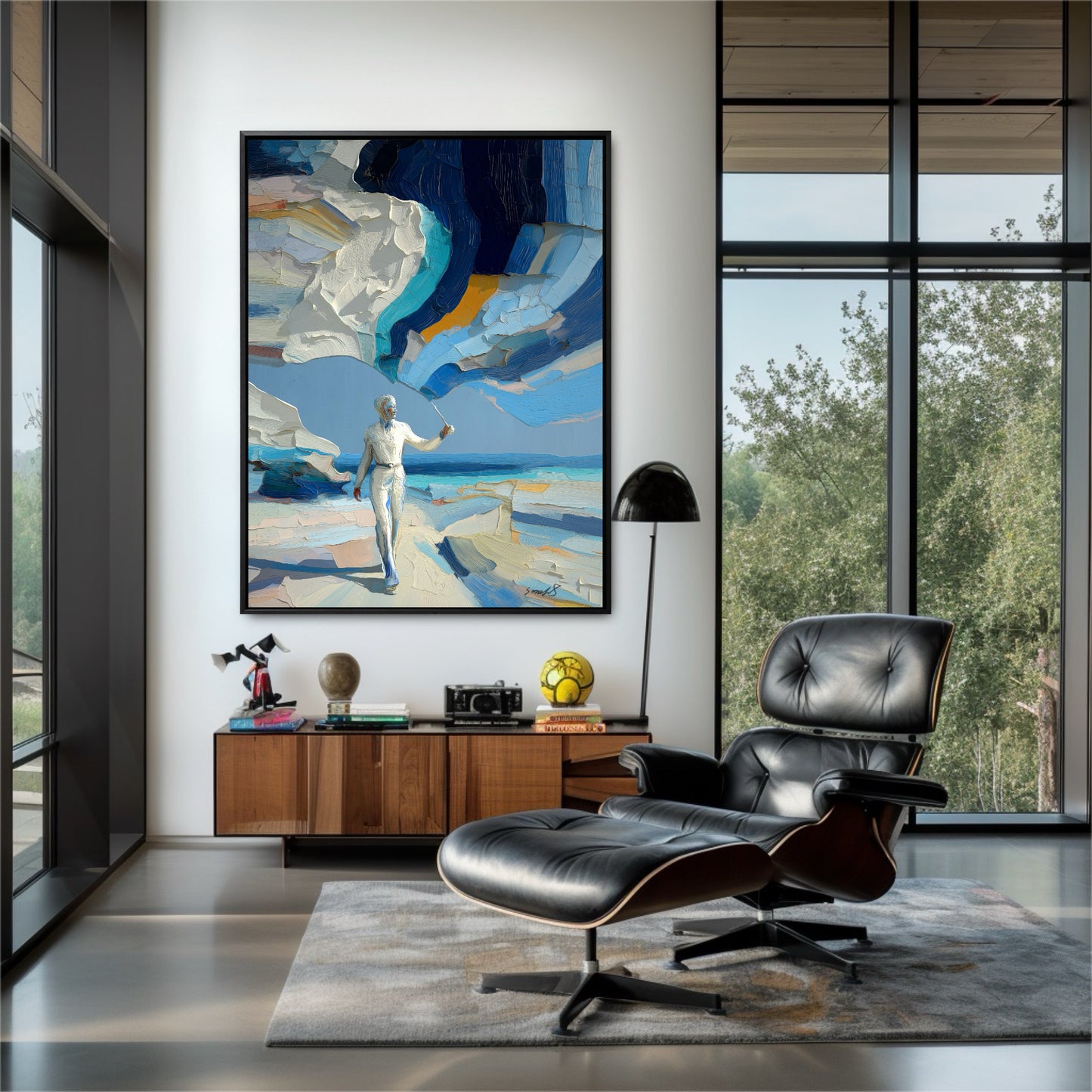 Original surreal art in modern lounge. Deep blue painting contrasts with black leather chair for a bold, masculine interior.
