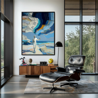 Original surreal art in modern lounge. Deep blue painting contrasts with black leather chair for a bold, masculine interior.