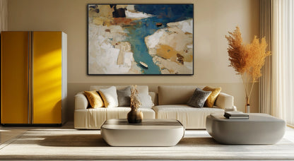 Warm abstract landscape art perfectly harmonizing with the ochre walls and yellow accent wardrobe, completing the transitional space.