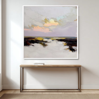 Abstract landscape painting on a wall above a wooden console table.