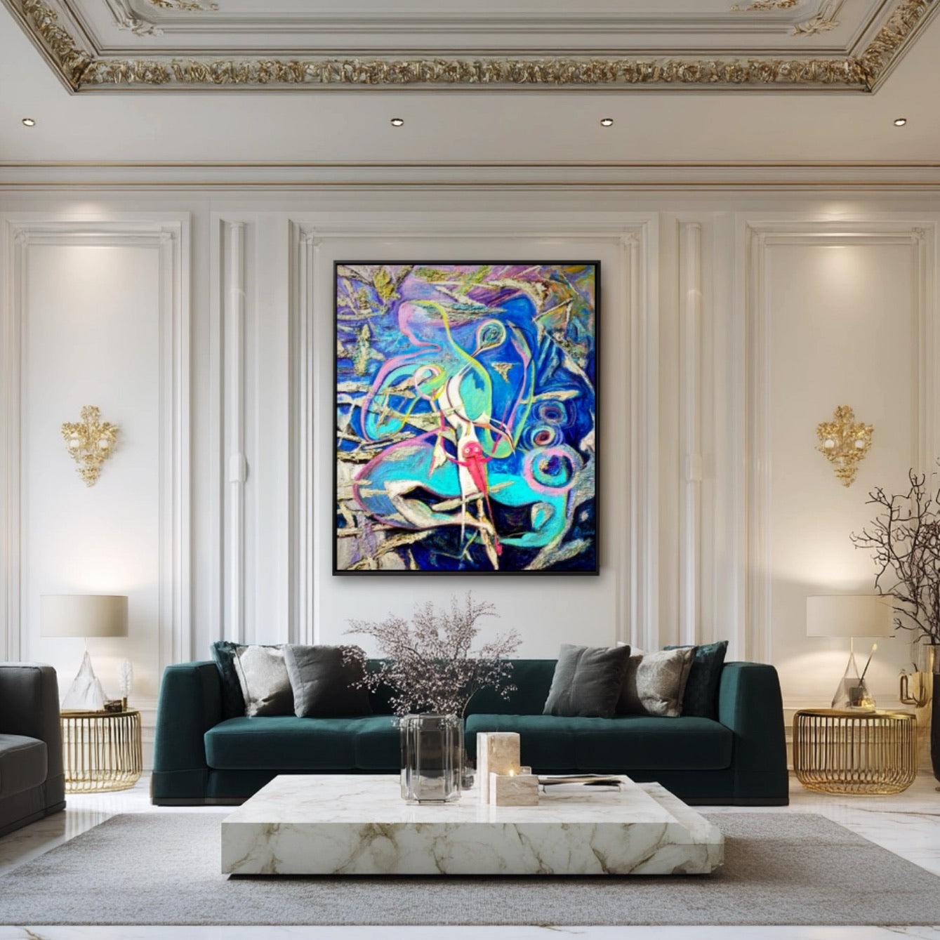 Modern living room with a colorful abstract painting on the wall.