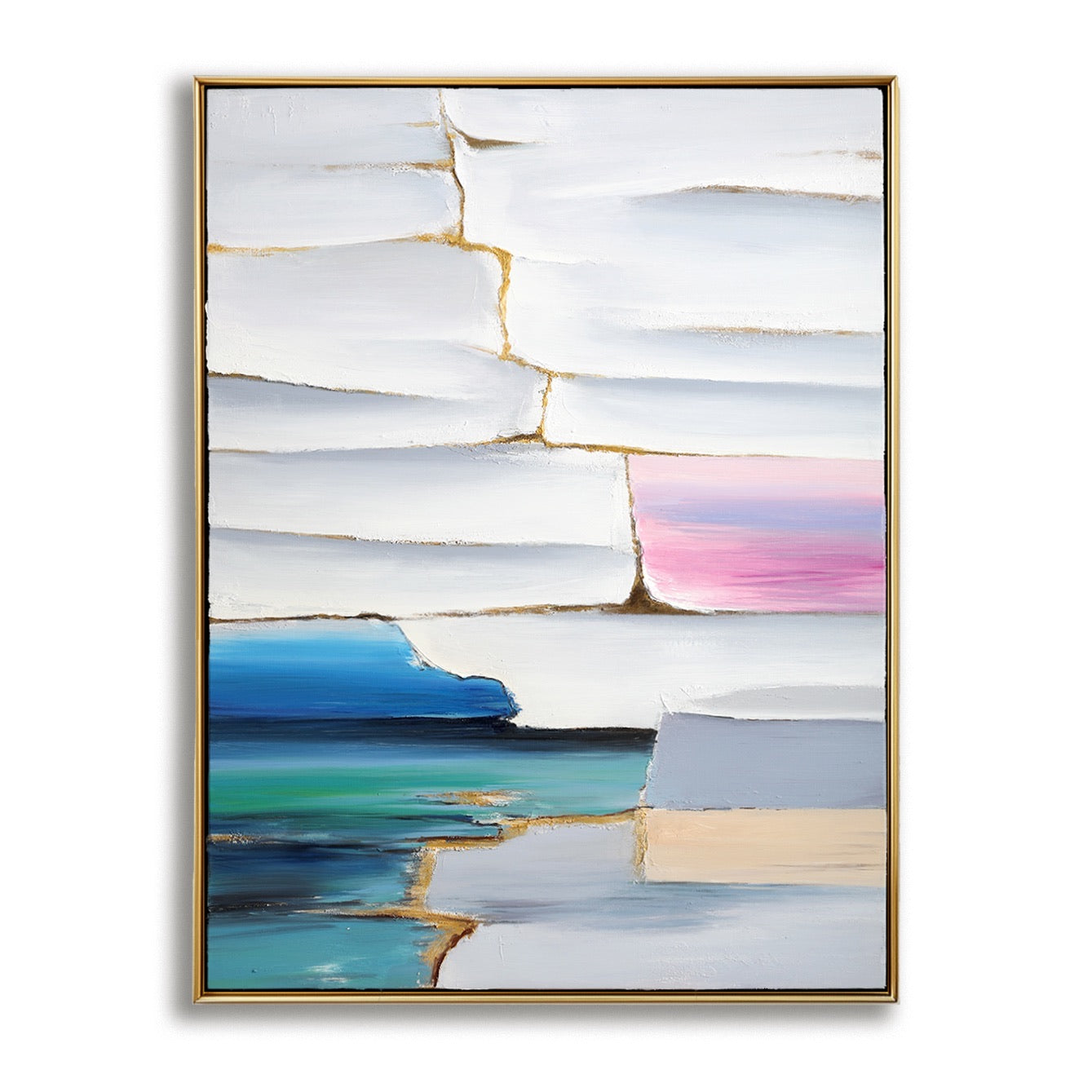 An elegant minimalist hand-drawn oil painting: a vertical fish scale abstract in detailed strokes, cold, and white tones.				