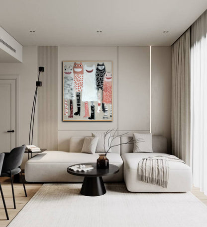 Original abstract figures art brings a playful color pop to a sleek, minimalist living room with neutral-toned modular sofas.