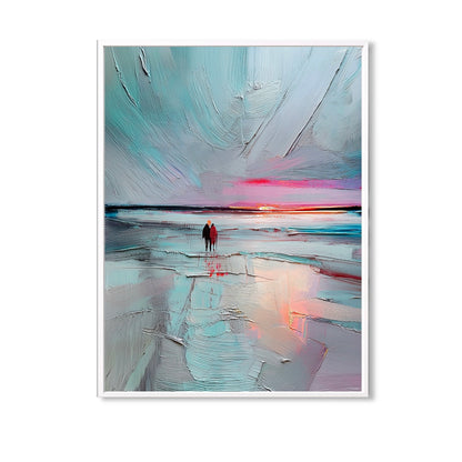 A romantic, expressionist hand-drawn oil painting: a vertical beach landscape in textured strokes, featuring cold, green tones.