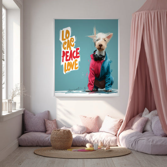 Stylish dog painting hangs above a cozy floor bed with pink canopy and cushions. Perfect for a whimsical, feminine, or child's space.