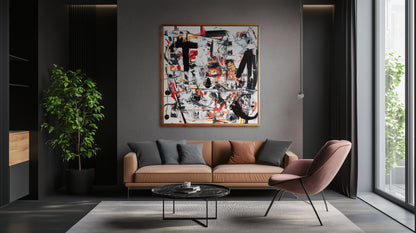 Statement original painting over a warm leather sofa, its intense palette adding a vibrant contrast to the sleek, dark, contemporary room.