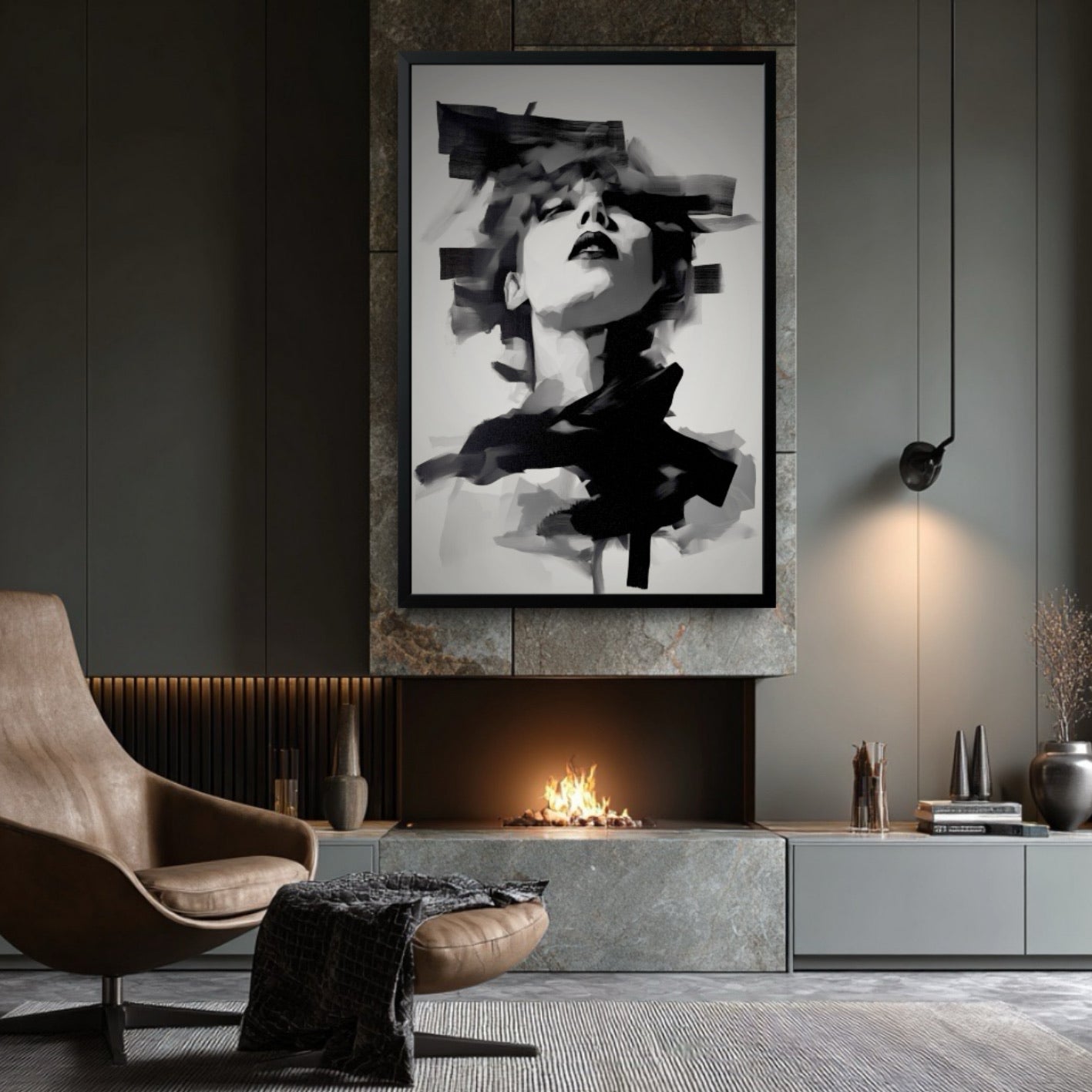 Large framed abstract portrait of a woman hanging above a modern fireplace in a dark, sophisticated living room.