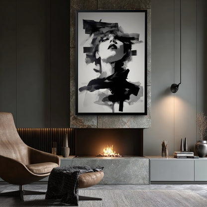 Large framed abstract portrait of a woman hanging above a modern fireplace in a dark, sophisticated living room.