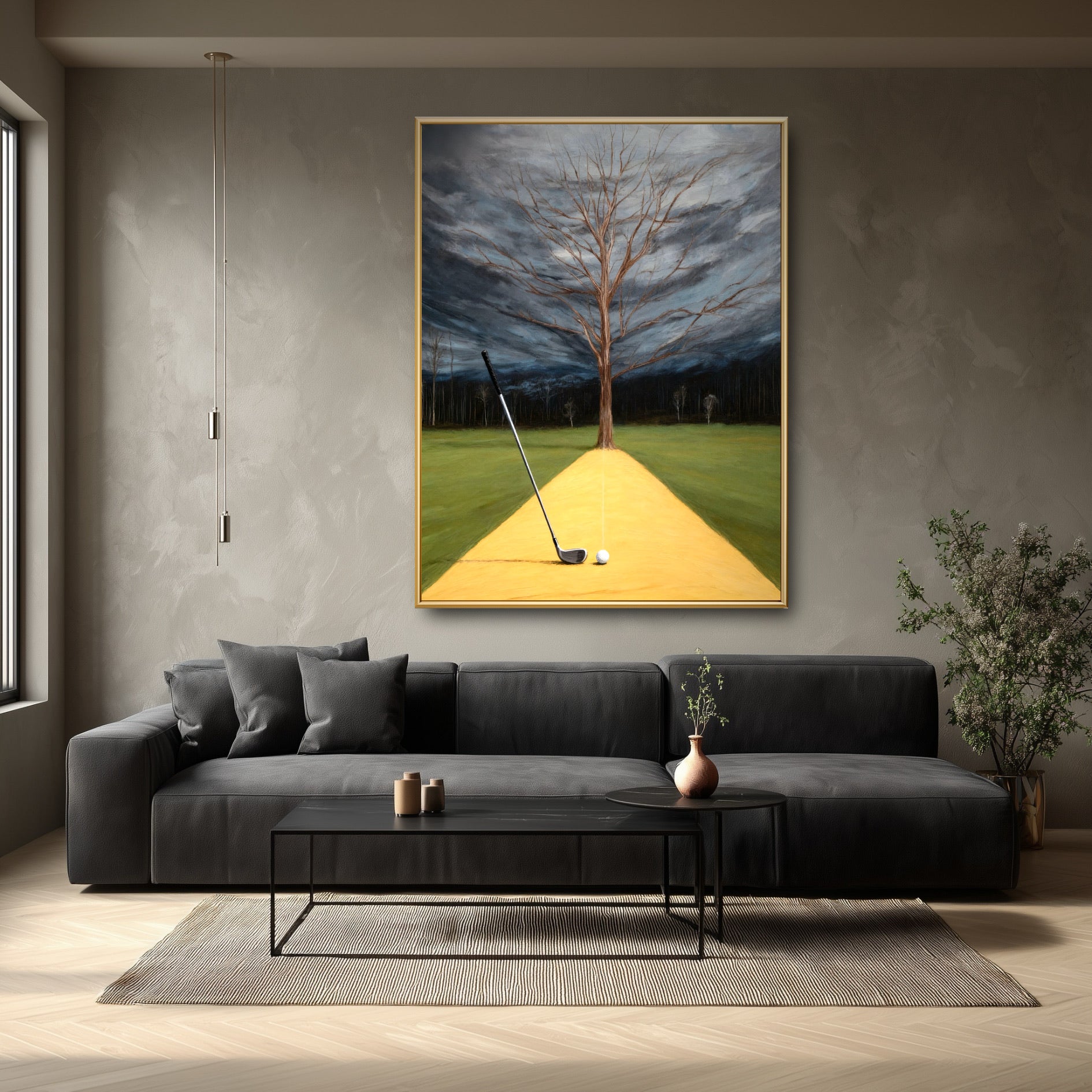 Surreal landscape painting in a dark modern living room. The moody storm clouds complement the charcoal sofa and minimal decor.
