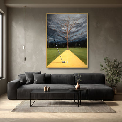 Surreal landscape painting in a dark modern living room. The moody storm clouds complement the charcoal sofa and minimal decor.