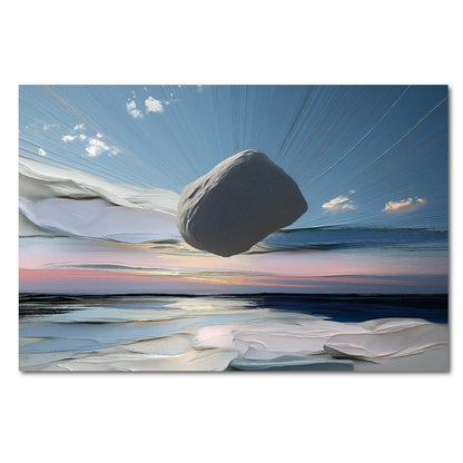 Original abstract landscape oil painting: textured white/blue waves, a floating gray stone, and a cool blue/pink sky.