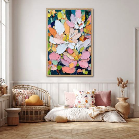 Original pink/orange floral art hangs above a cozy daybed with rattan chair and soft pillows, enhancing the room's warm, bohemian vibe.