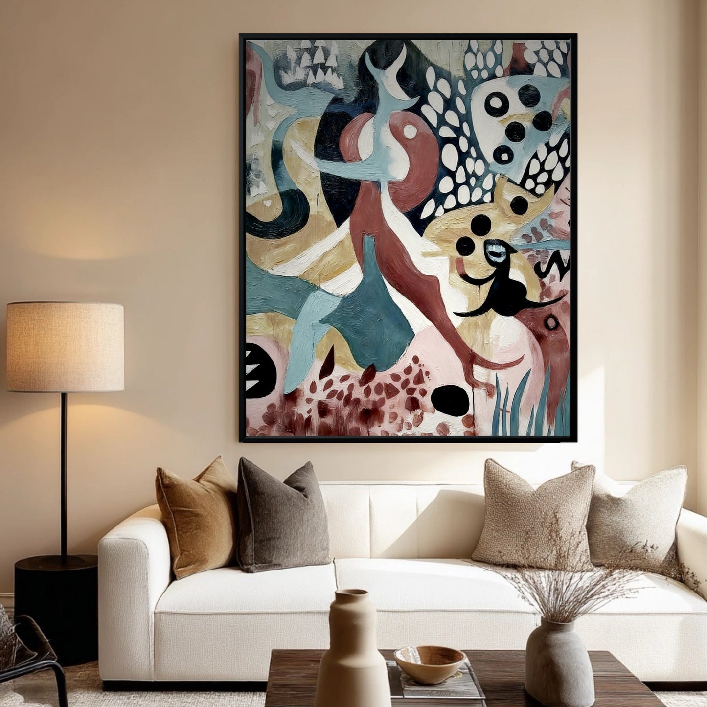 Modern abstract art hangs above a white sofa in a calm, beige-toned minimalist living room.