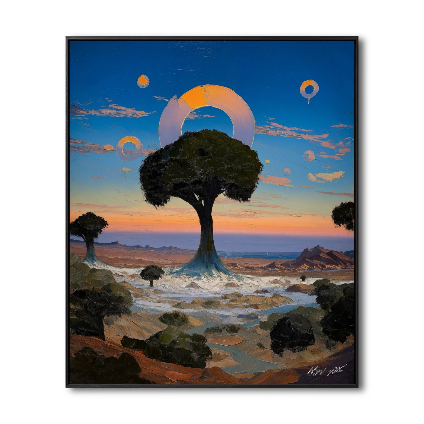 Original surreal landscape painting with a tree and floating rings. Cold blue and warm orange sky contrast. Fantasy wall art.