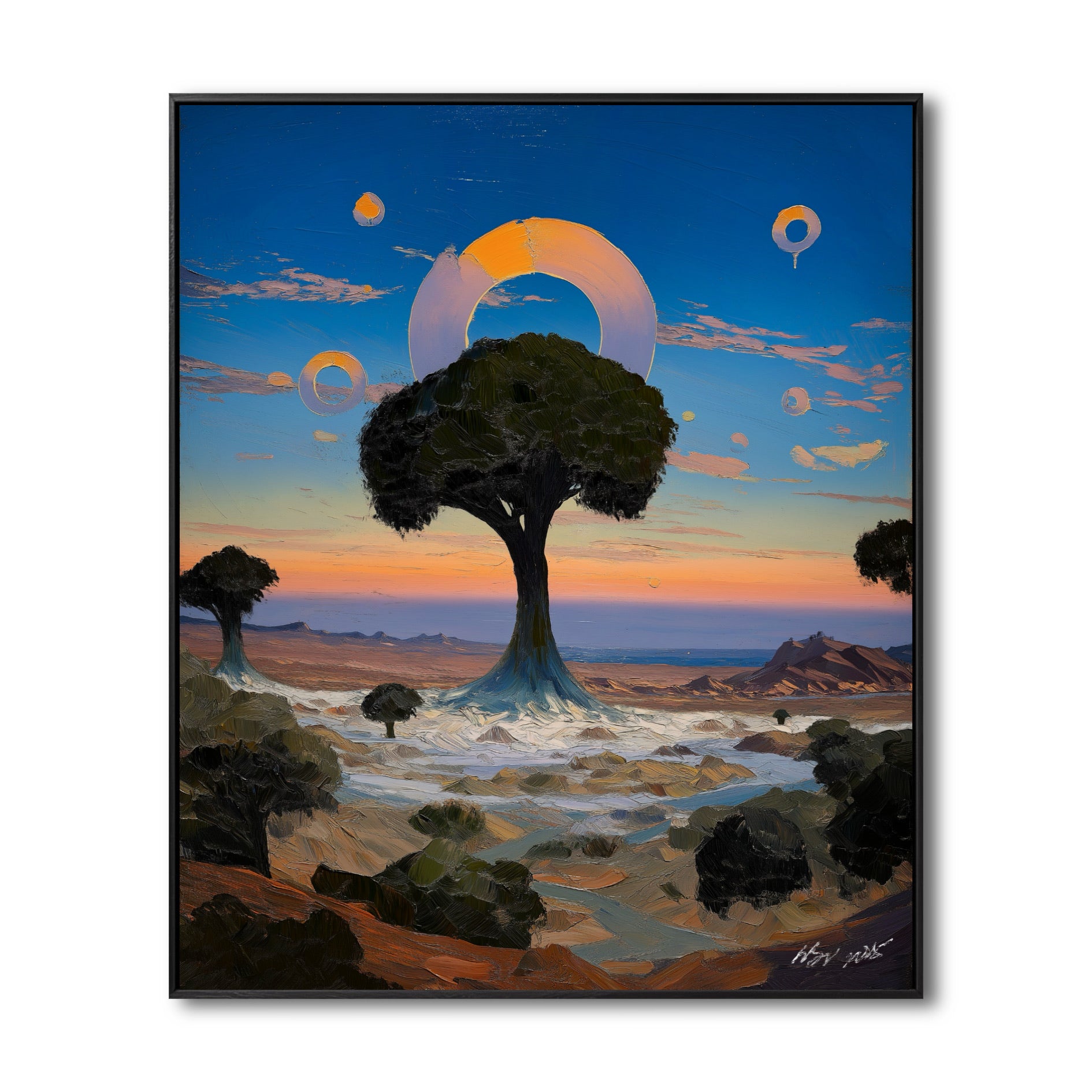 Original surreal landscape painting with a tree and floating rings. Cold blue and warm orange sky contrast. Fantasy wall art.