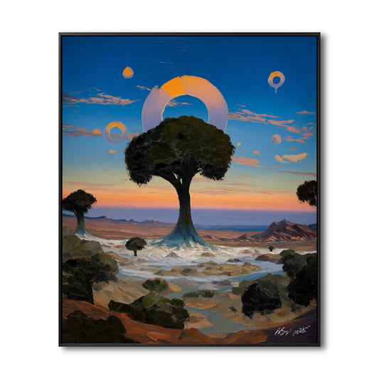 Original surreal landscape painting with a tree and floating rings. Cold blue and warm orange sky contrast. Fantasy wall art.