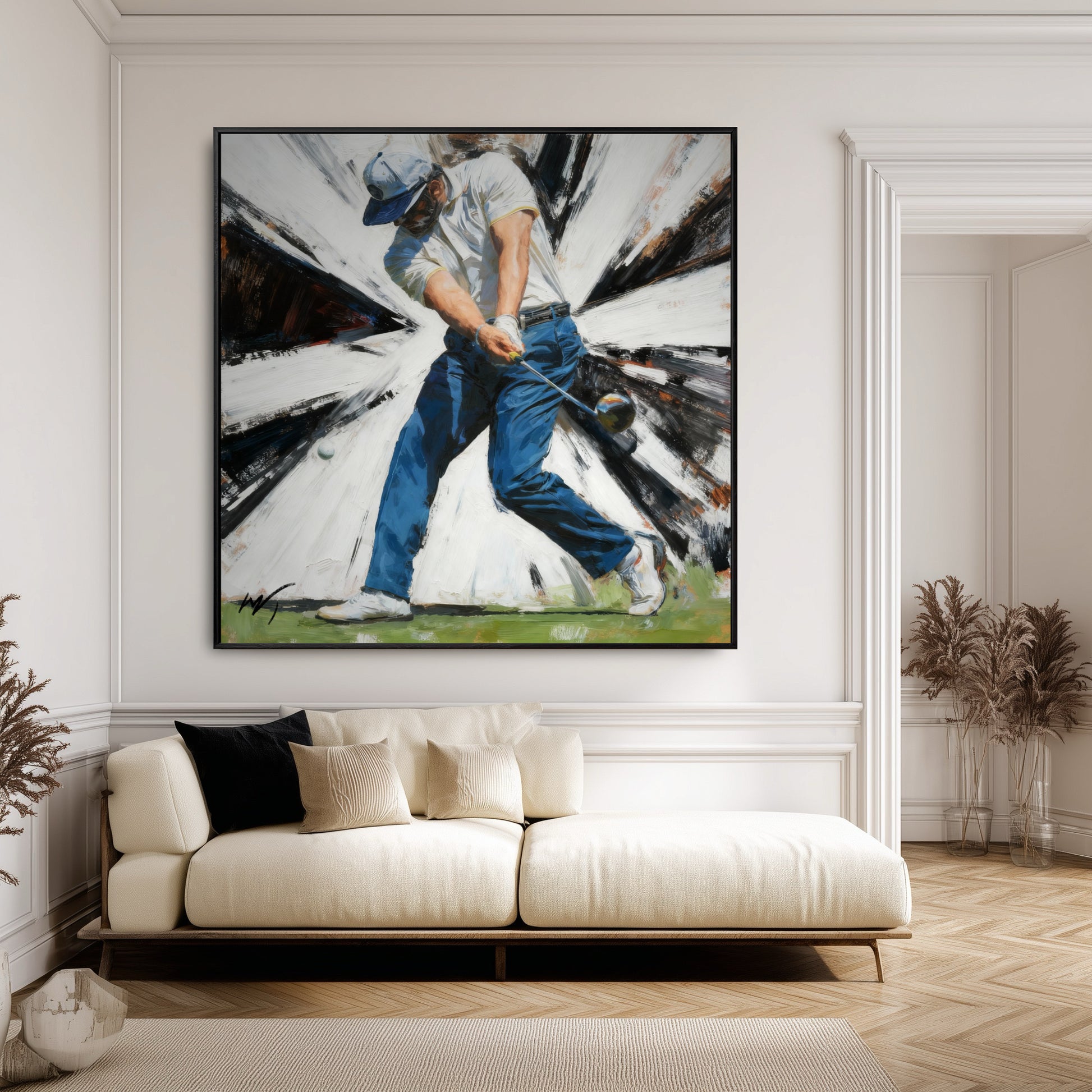 Large painting of a golfer in a modern classic room with white wall paneling and a low-profile cream-colored sofa.
