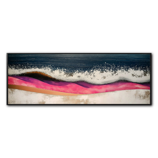 Abstract ocean wave painting with pink and copper hills. Textured navy blue and white seascape. Modern high-contrast coastal art.