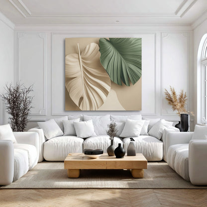 Contemporary botanical art brings natural elegance to a classic living room; crisp white paneling and plush sofas create a clean, sophisticated, bright space.