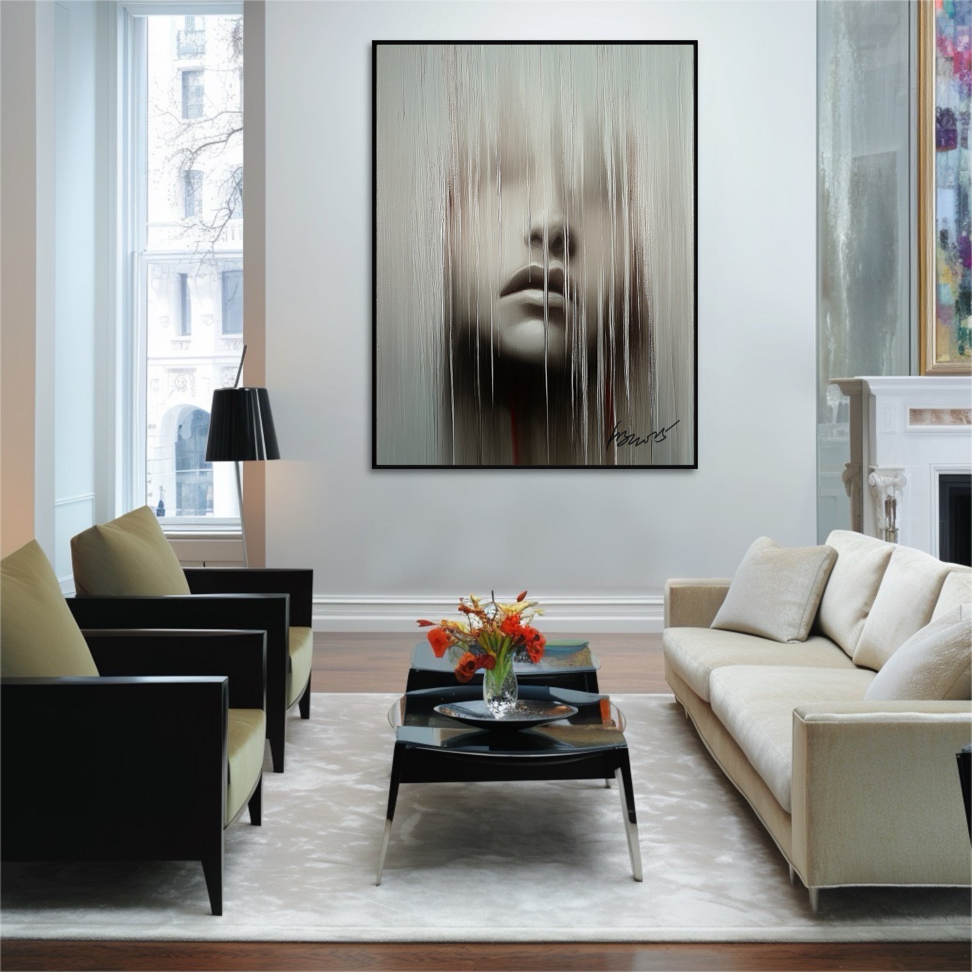 Modern living room with a large abstract painting on the wall.