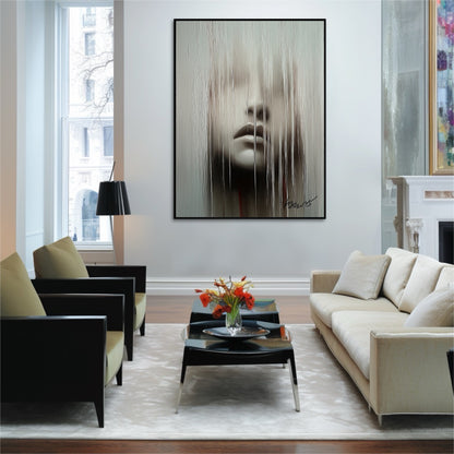 Modern living room with a large abstract painting on the wall.