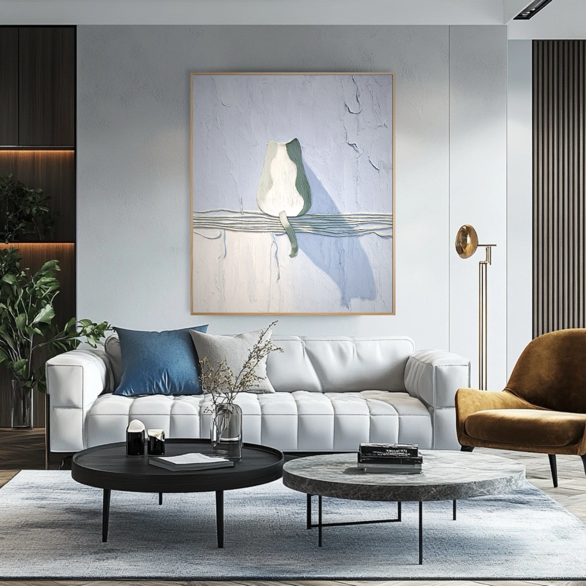 Cool-toned cat painting contrasts with dark wood paneling and black furniture, offering a light, neutral balance in a luxury space.