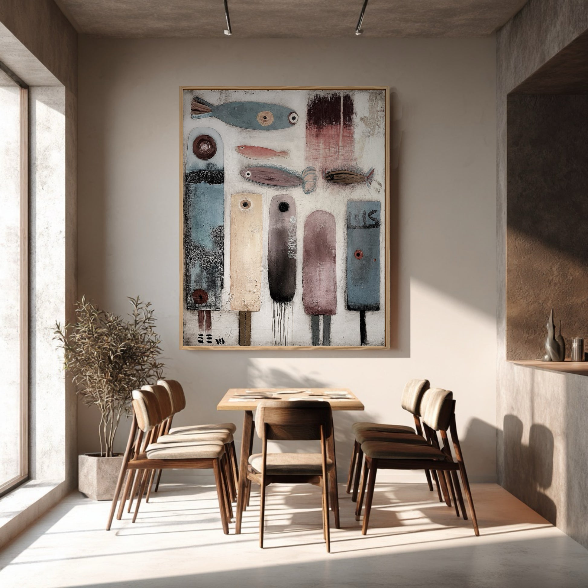 Folk art painting with figures and fish overlooks a mid-century modern dining area, adding personality to the sunlit, warm-toned interior.