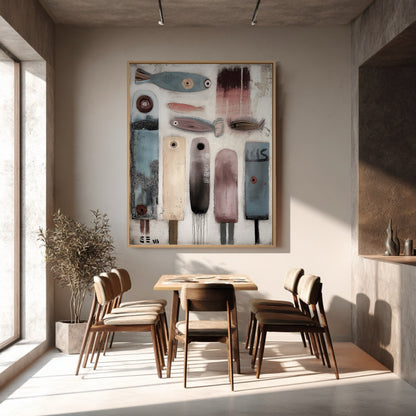 Folk art painting with figures and fish overlooks a mid-century modern dining area, adding personality to the sunlit, warm-toned interior.