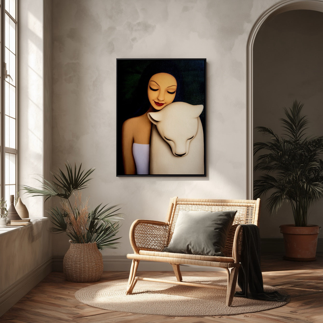Original oil painting hangs in a bohemian, rustic corner. Rattan chair, archway, textured walls, and abundant natural light from a large window.