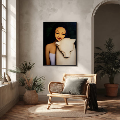 Original oil painting hangs in a bohemian, rustic corner. Rattan chair, archway, textured walls, and abundant natural light from a large window.