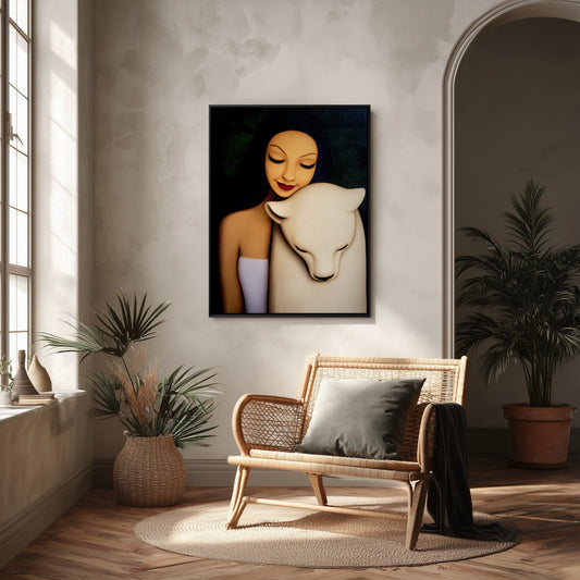 Original oil painting hangs in a bohemian, rustic corner. Rattan chair, archway, textured walls, and abundant natural light from a large window.