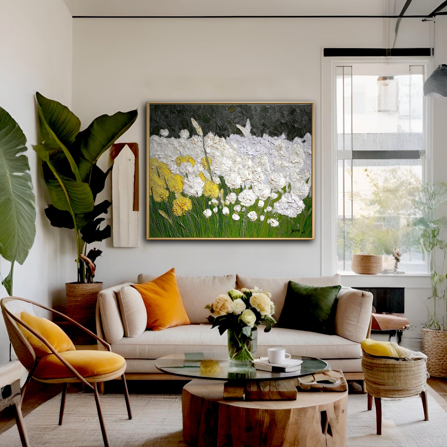 Modern & Vibrant Modern organic living room with original art. Mustard yellow chairs and green plants echo the painting's vibrant floral colors.