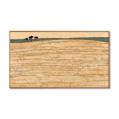 Original hand-painted minimalist abstract coastal art: vast textured warm field meets a contrasting line of deep teal on the horizon.