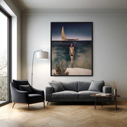 The large vertical painting adds a contemplative, serene mood to this bright, modern living room with its grey sofa and wood floor.