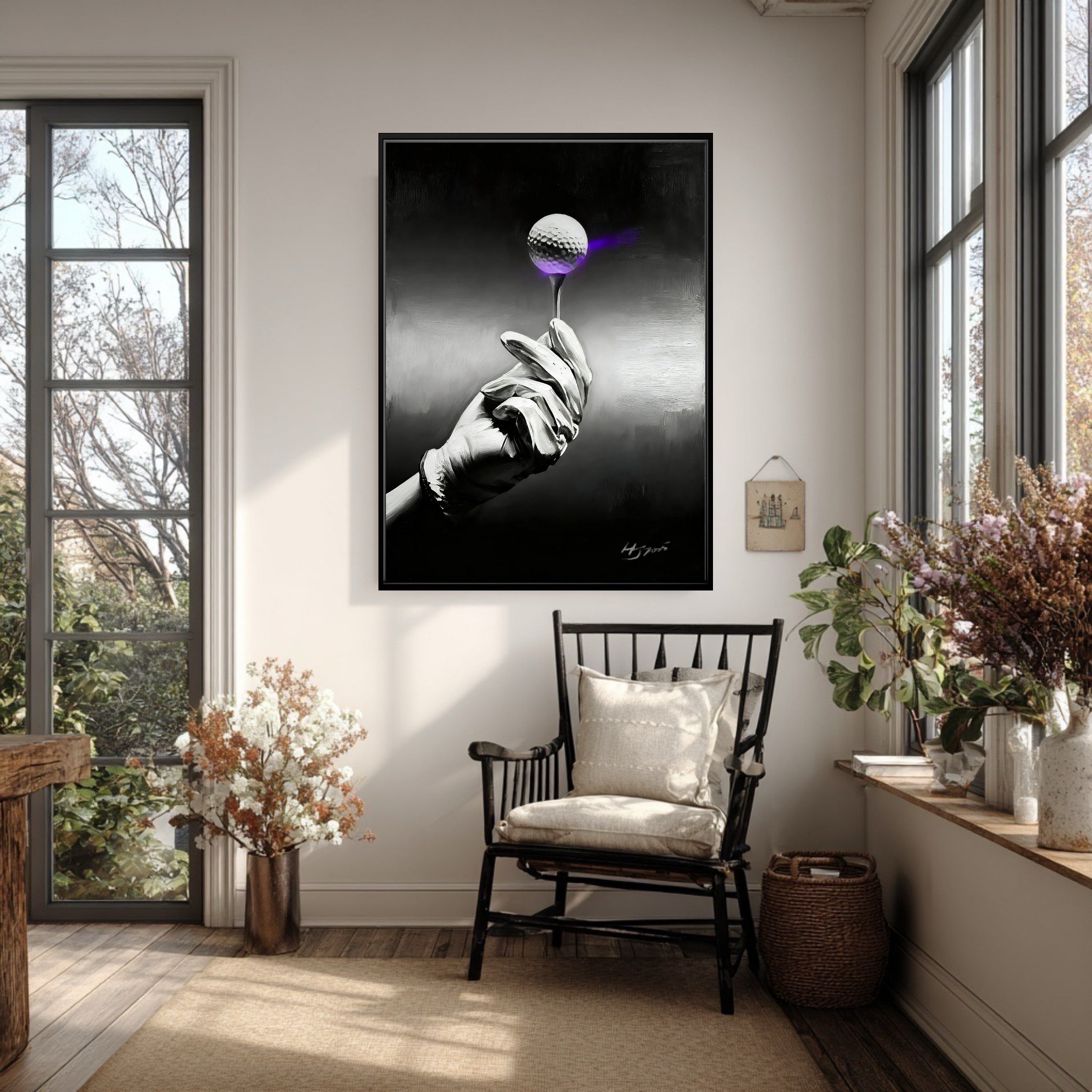 Modern black and white golf art in a rustic farmhouse corner. The cool purple accent contrasts with warm dried flowers.