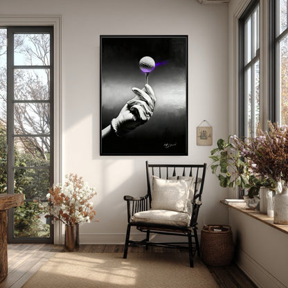Modern black and white golf art in a rustic farmhouse corner. The cool purple accent contrasts with warm dried flowers.