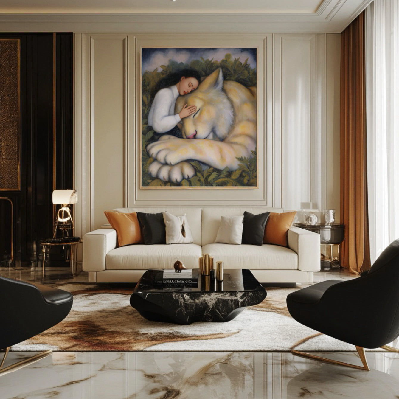 The serene animal art adds a subtle warmth to the sleek, modern black and white interior with leather chairs and high-gloss finishes.