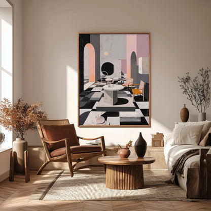 Abstract checkerboard style artwork brightens the sunlit room, accenting the natural wood and wicker texture of the bedroom's furniture.