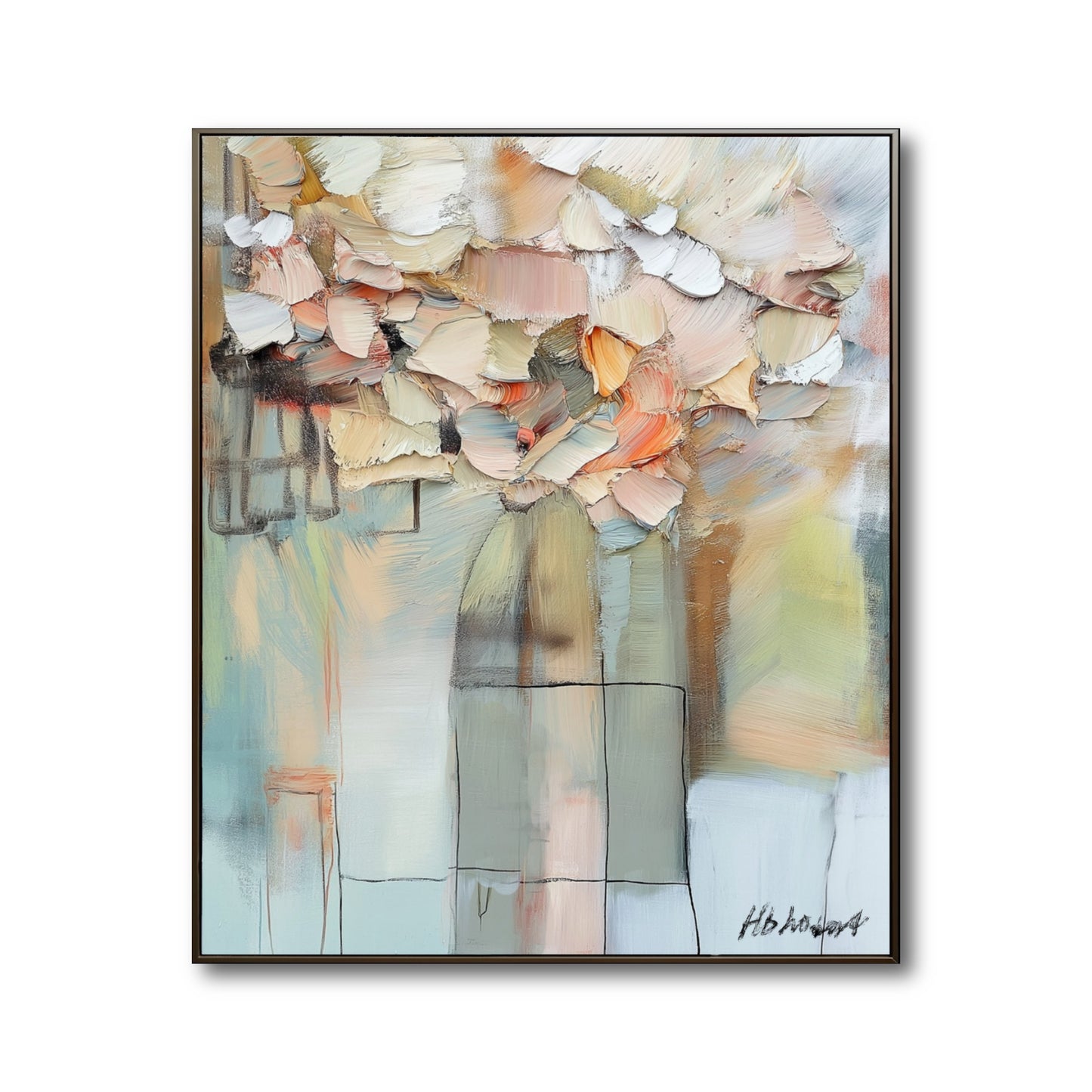 Original abstract floral painting with thick impasto texture. Modern palette knife art of flowers in a vase in soft peach and blue.