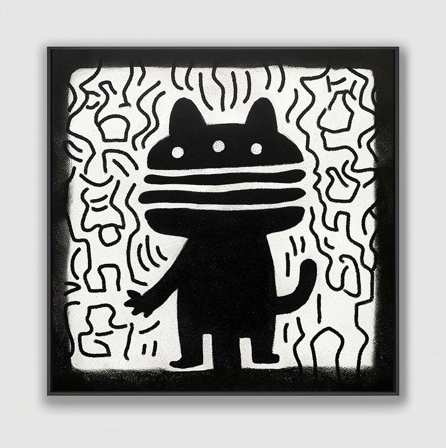 Original black and white modern canvas art: stylized, playful cat figure with thick white line background texture.