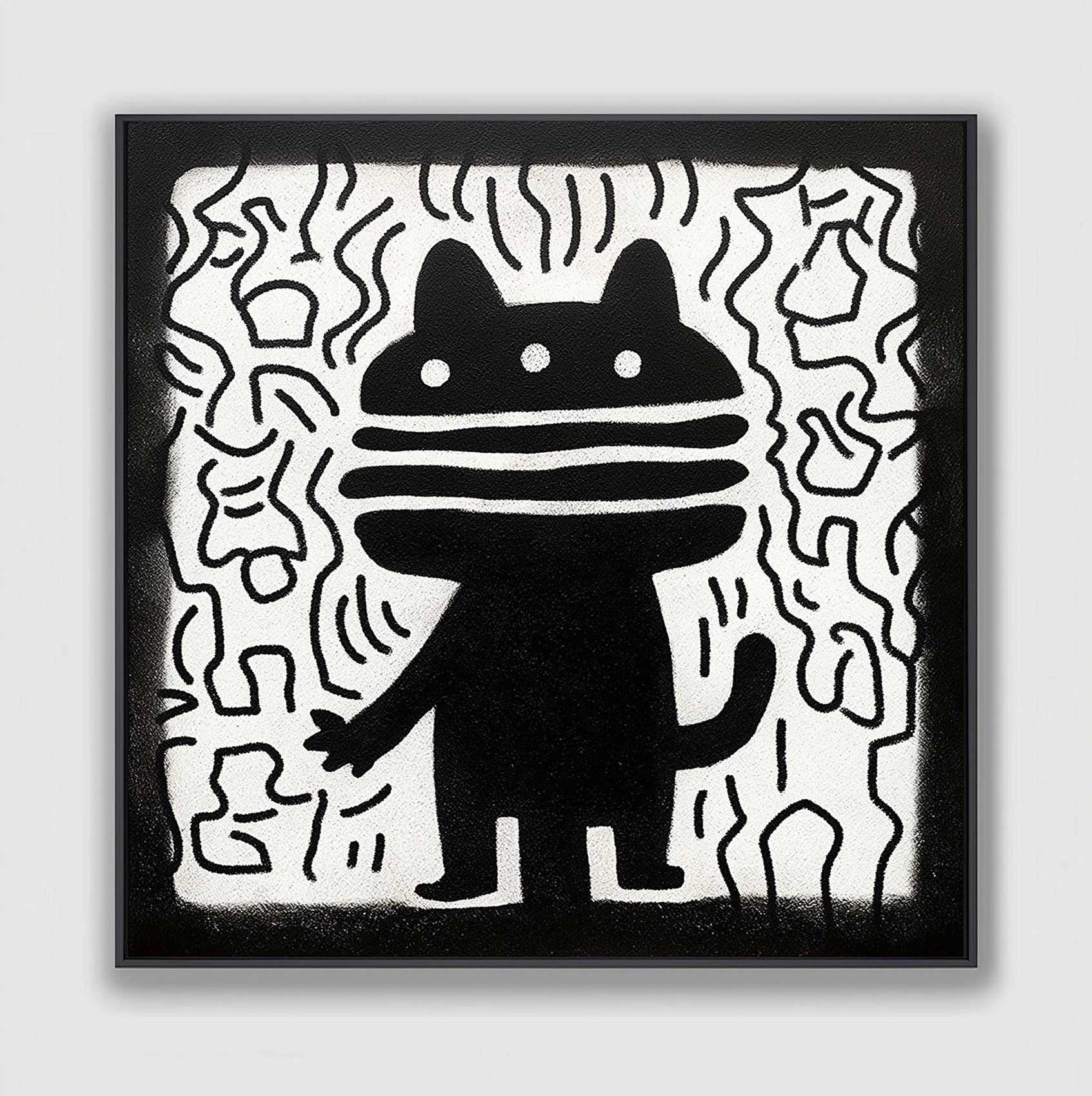 Original black and white modern canvas art: stylized, playful cat figure with thick white line background texture.