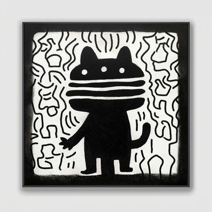 Original black and white modern canvas art: stylized, playful cat figure with thick white line background texture.