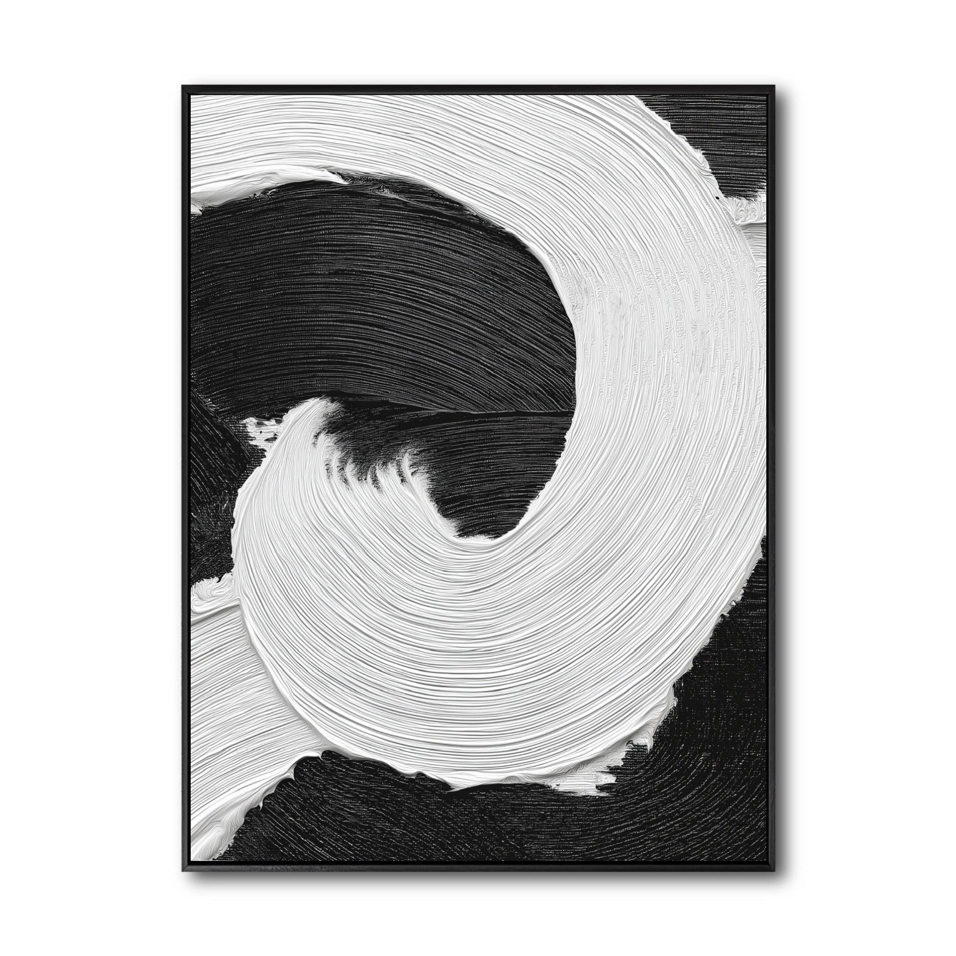 Original black and white abstract art. A high-contrast impasto painting with a bold, interlocking white brushstroke on black.