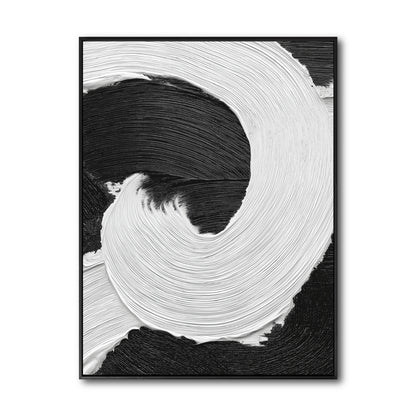 Original black and white abstract art. A high-contrast impasto painting with a bold, interlocking white brushstroke on black.