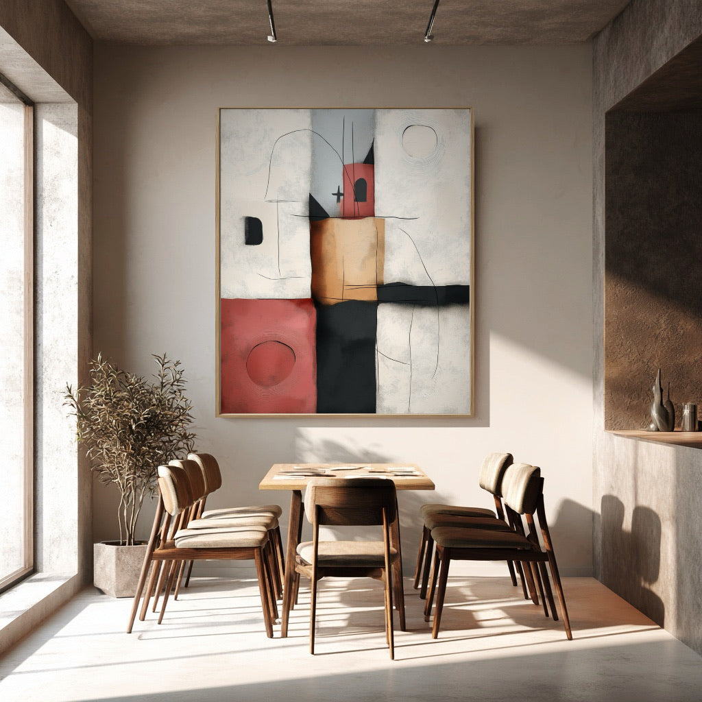 Original abstract canvas centers a small, intimate dining nook with modern wooden chairs, its stark colors contrasting the neutral walls and natural light.