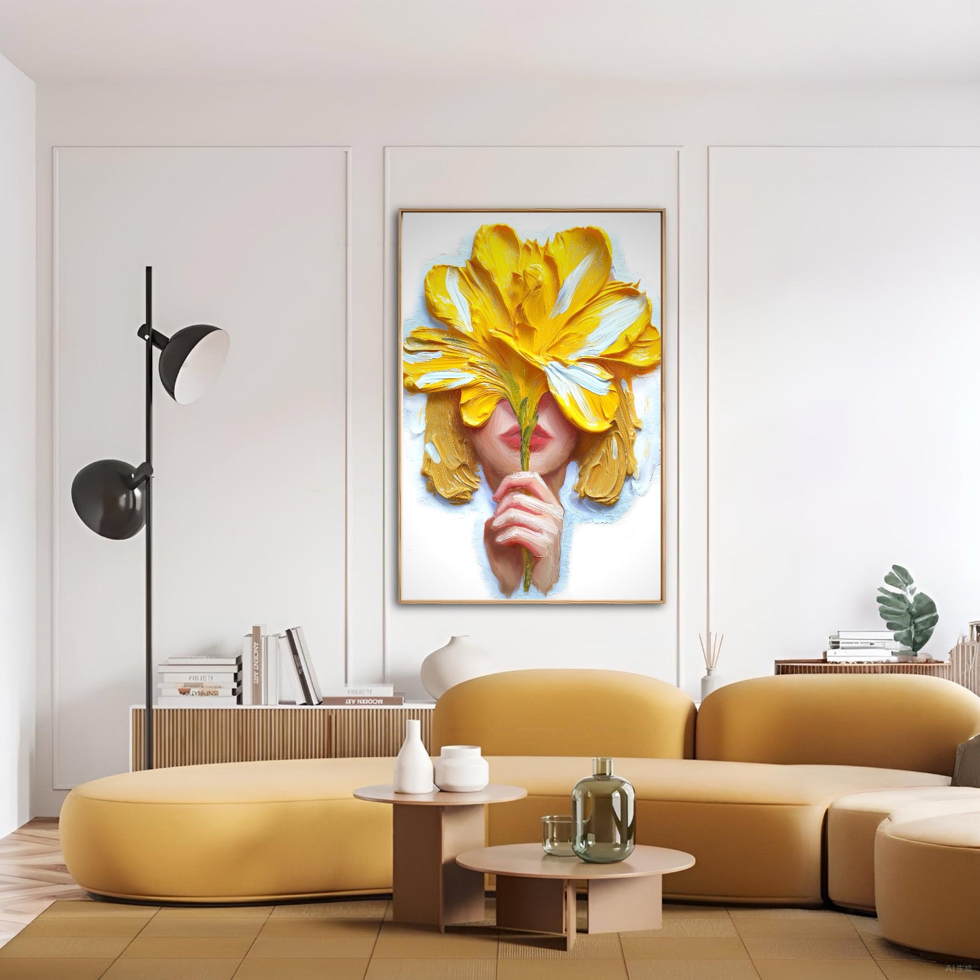 Bold flower painting enhances a contemporary minimalist space. The yellow art coordinates perfectly with the sleek, mustard-colored sectional sofa and low profile furniture.