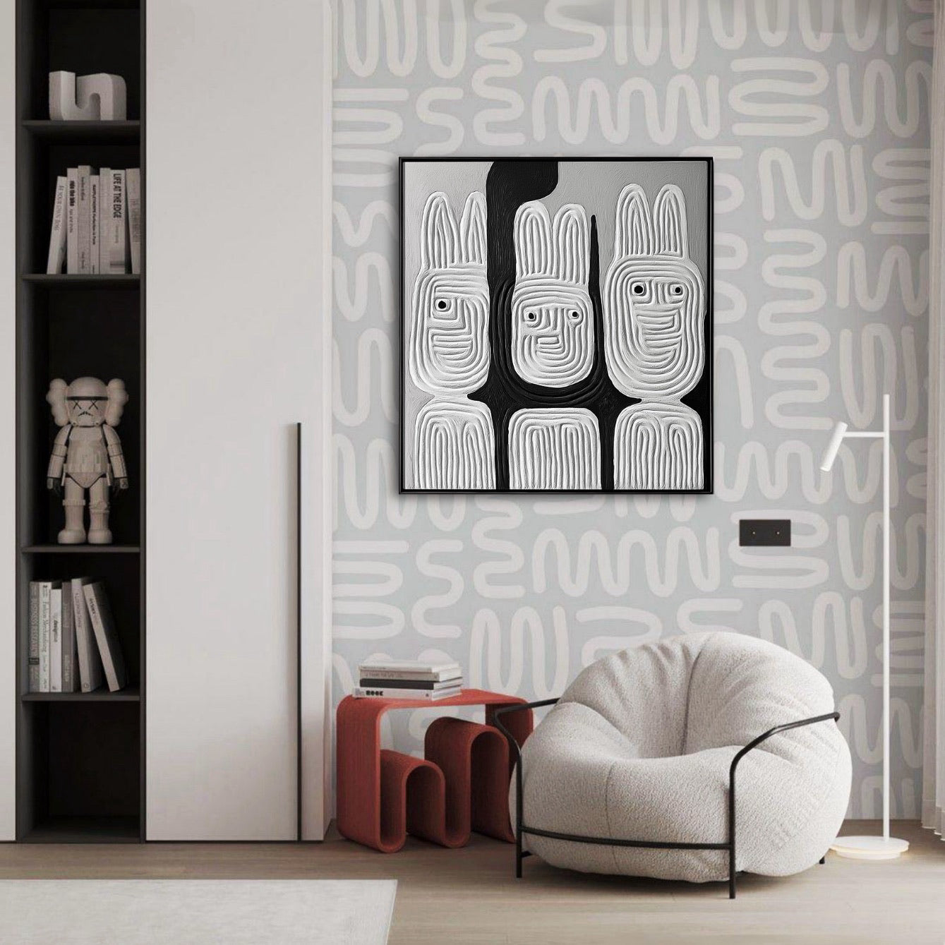 Abstract relief painting centers a contemporary bedroom with striking geometric wallpaper, a white fuzzy chair, and sleek built-in shelving.