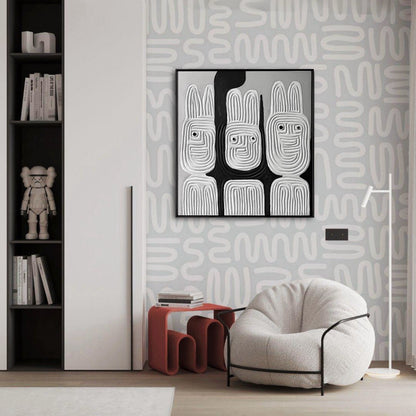 Abstract relief painting centers a contemporary bedroom with striking geometric wallpaper, a white fuzzy chair, and sleek built-in shelving.